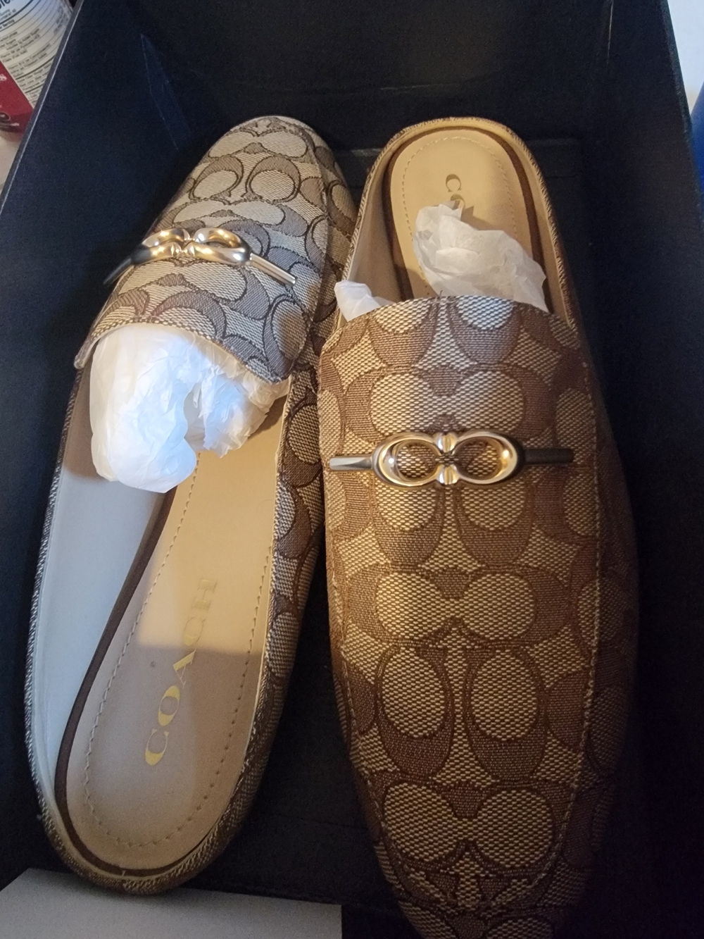 Coach  Tan/Brown Signature Logo Sienna Slip-On Slides with Gold Accent, NIB